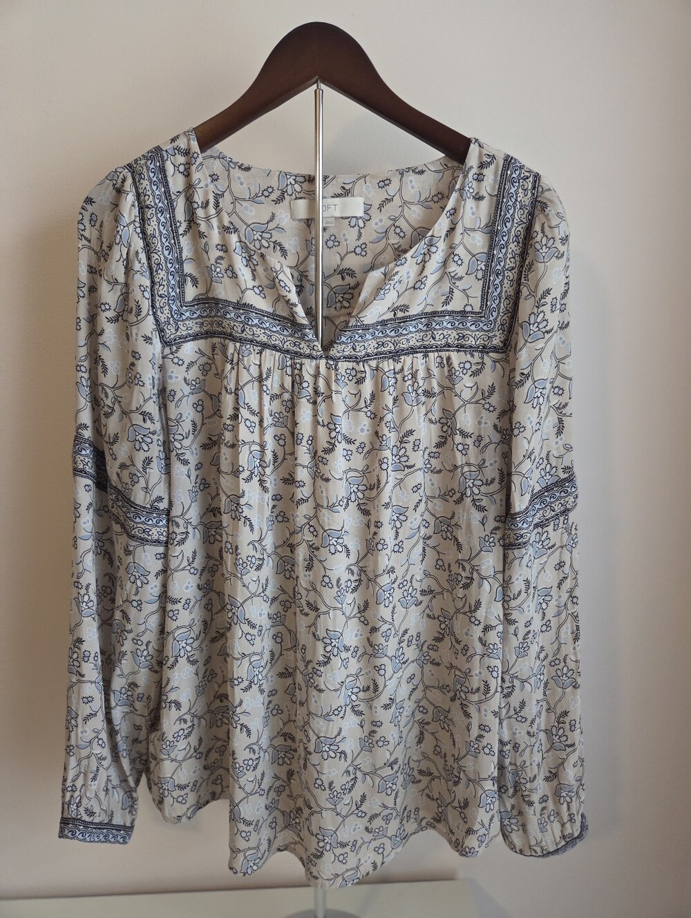 LOFT Cream Blouse with Blue Floral Print